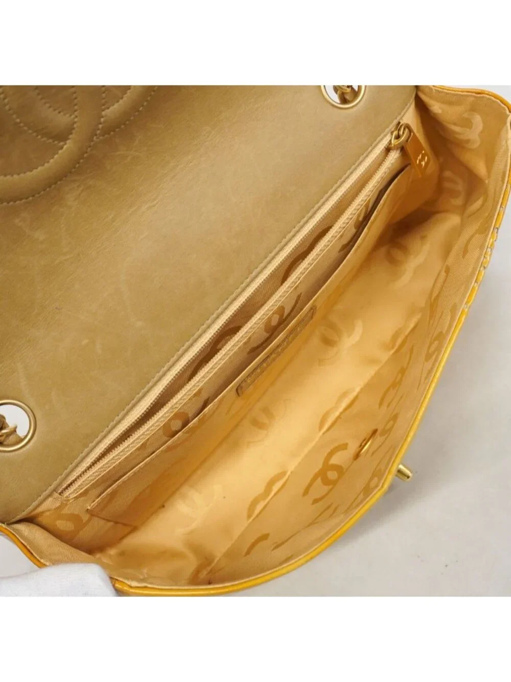Chanel Shoulder Bag Perforated Patent Leather Yellow Gold